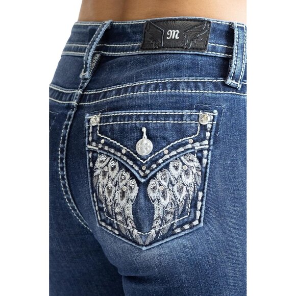 Women's Bohemian Feathered Wings Faux Flap Pockets Mid-Rise Skinny Jeans - Picture 3 of 4